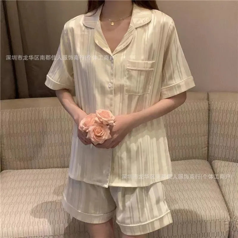New Women's Silk Sleepwear Summer Simple Luxury Texture Sweet INS Home Clothes Set Pajamas Breathable Casual Sleepwear