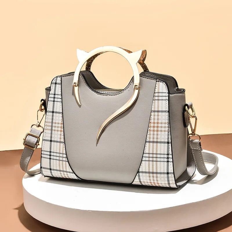 Women's Pu Leather Splicing Plaid Classic Style Sewing Thread Bucket Zipper Handbag