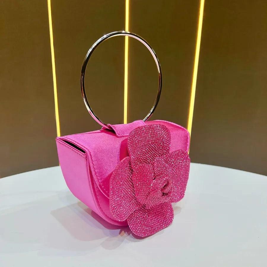 New Fashionable Tea Rose Shiny Handbag Women's Evening Bag Round Handle Shoulder Crossbody Bag For Banquet And Dinner