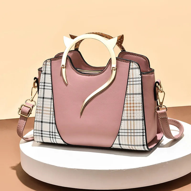 Women's Pu Leather Splicing Plaid Classic Style Sewing Thread Bucket Zipper Handbag