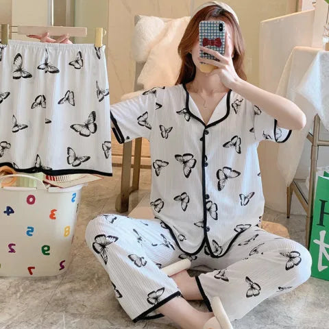 Spring Autumn Women's Sleepwear Short Sleeve Loose Home Clothes Cute Girl's Pajamas Set Casual Breathable Polyester Silk