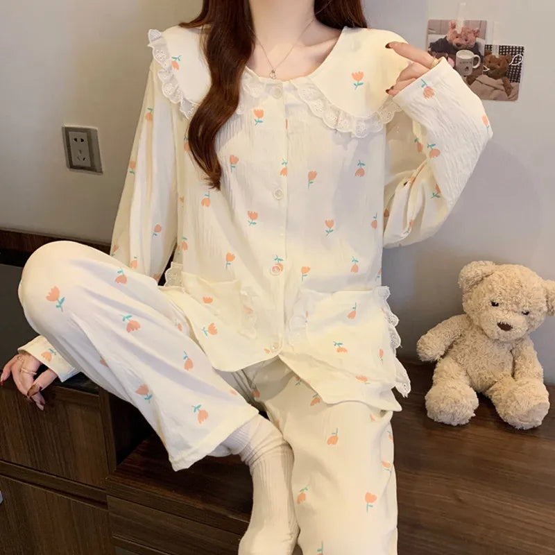 Cloud Cotton Long Sleeve Sleepwear Women's Spring Autumn Style Cute Doll Collar Home Clothes Breathable Casual Sleepwear