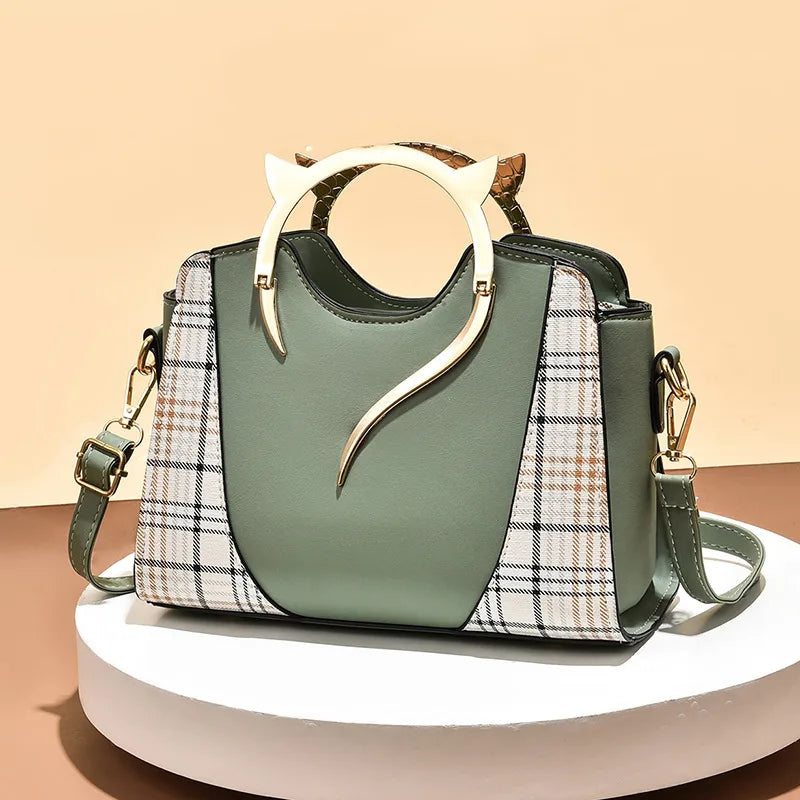 Women's Pu Leather Splicing Plaid Classic Style Sewing Thread Bucket Zipper Handbag