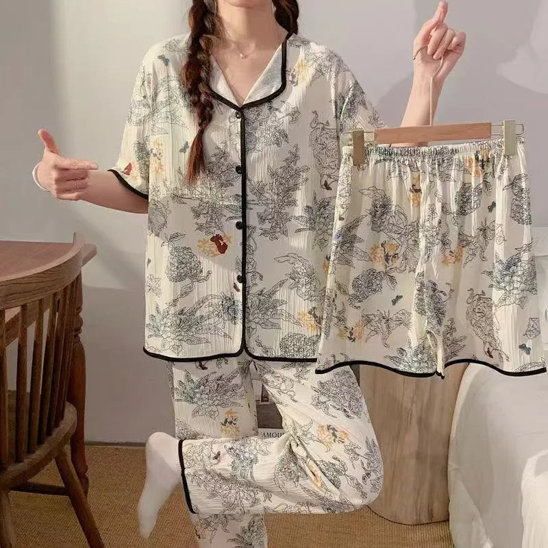 Spring Autumn Women's Sleepwear Short Sleeve Loose Home Clothes Cute Girl's Pajamas Set Casual Breathable Polyester Silk