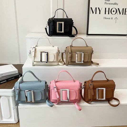 Women's PU Solid Color Basic Classic Style Square Magnetic Buckle Square Bag