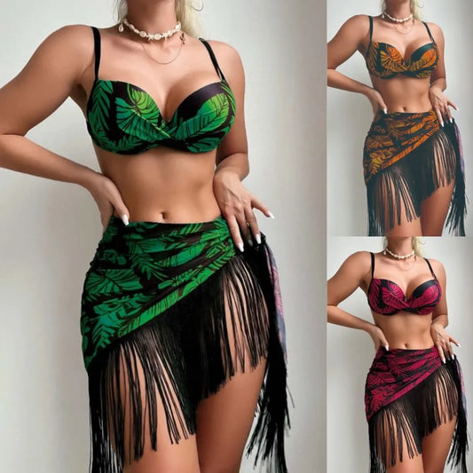 Women's Vacation Plant 3 Pieces Set Bikinis Swimwear