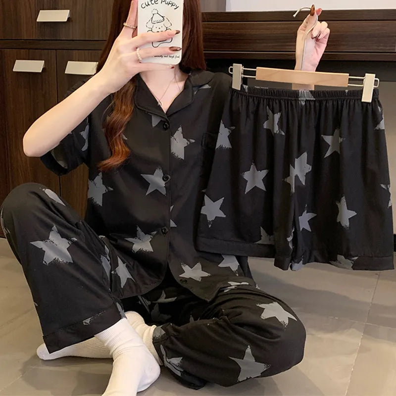 Spring Summer Women's Black Star Patterned Cotton-Like Short Sleeve Three-Piece Set Thin Home Clothes Sweet Cute Style Sleepwear