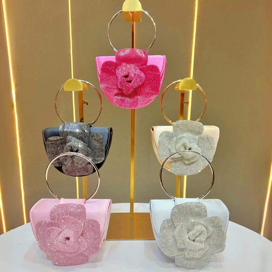 New Fashionable Tea Rose Shiny Handbag Women's Evening Bag Round Handle Shoulder Crossbody Bag For Banquet And Dinner