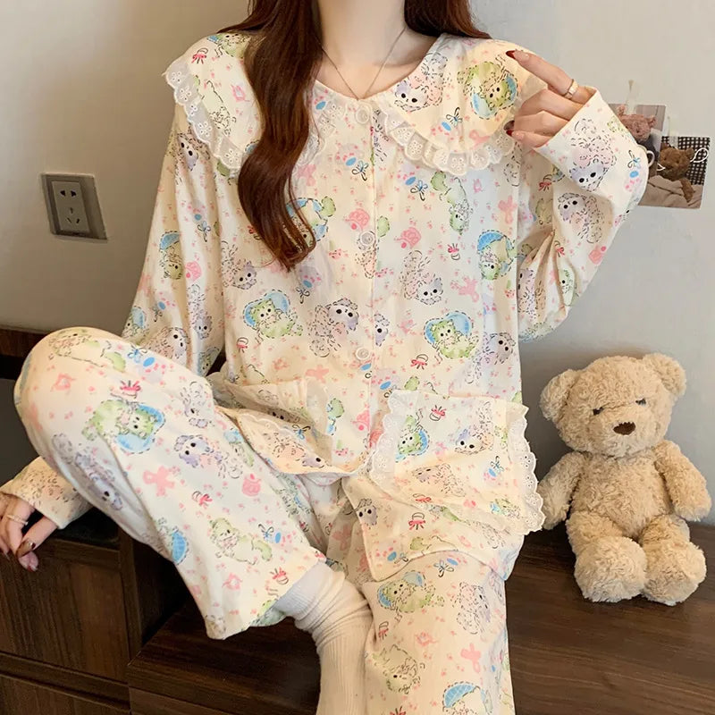 Cloud Cotton Long Sleeve Sleepwear Women's Spring Autumn Style Cute Doll Collar Home Clothes Breathable Casual Sleepwear