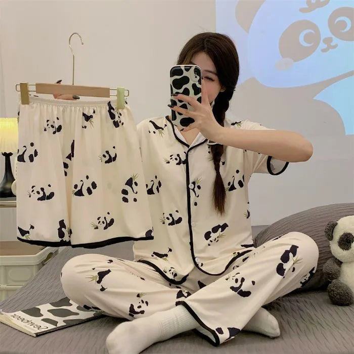 Spring Autumn Women's Sleepwear Short Sleeve Loose Home Clothes Cute Girl's Pajamas Set Casual Breathable Polyester Silk