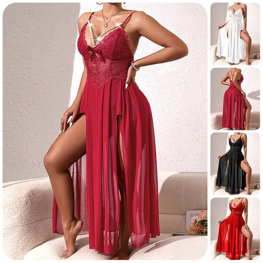 New Pearl Trimmed Backless Sleep Dress Multicolored Sexy Mesh Side Slit Seductive Strap Gown Irresistible Summer Nightgown