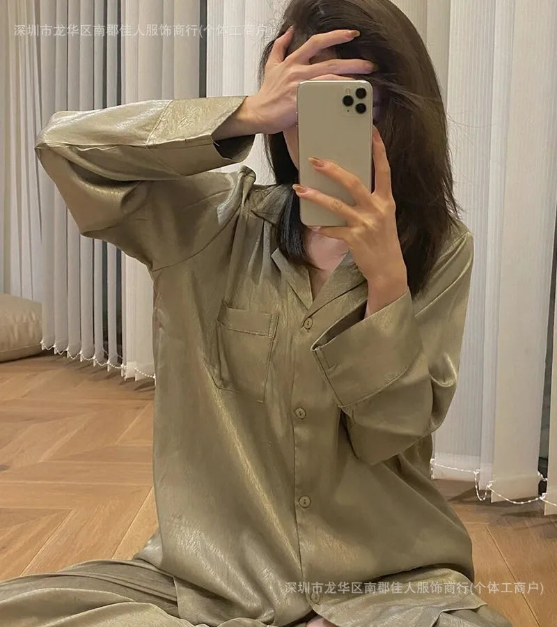 New Women's Silk Sleepwear Summer Simple Luxury Texture Sweet INS Home Clothes Set Pajamas Breathable Casual Sleepwear