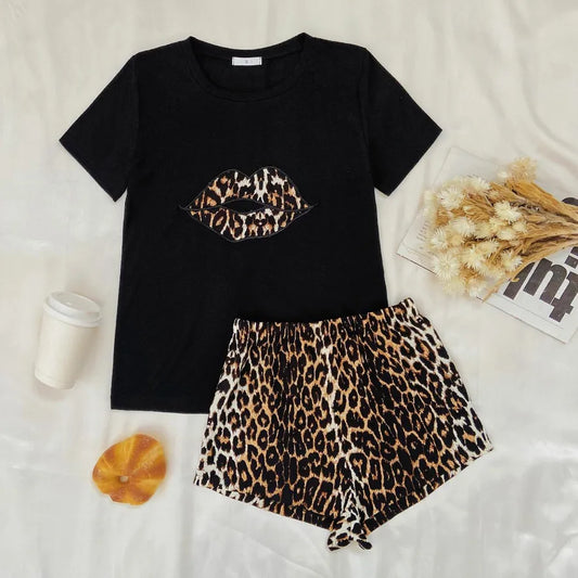 women's fashion leopard artificial cotton spandex polyester patchwork shorts sets