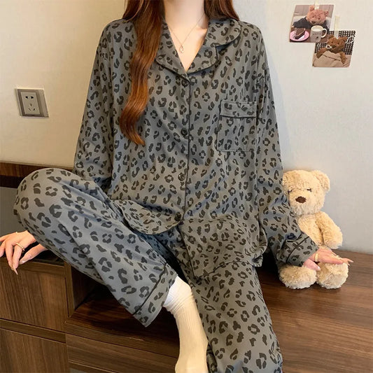 Gray Leopard Print Women's Sleepwear Long Sleeve Home Clothes Set New Style Simple Cotton Simulation Cardigan Spring New Arrival