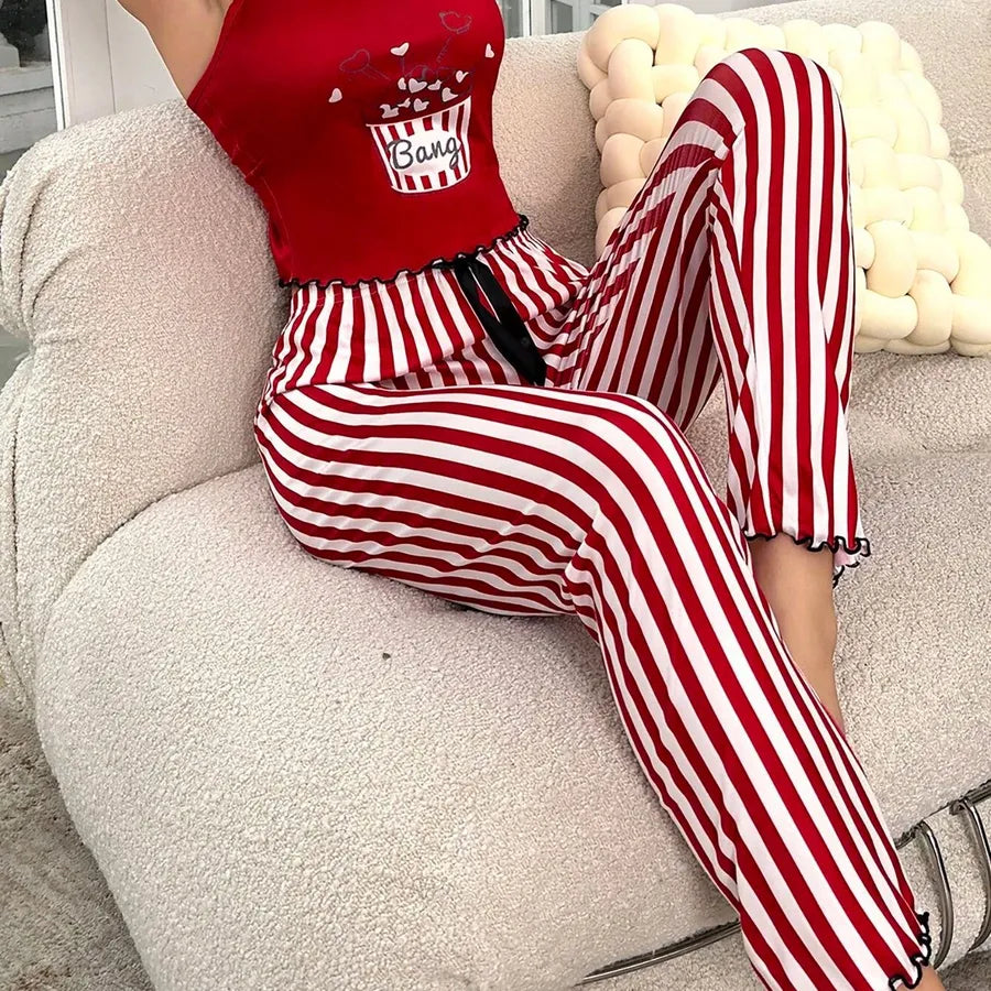 Home Women's Vacation Simple Style Heart Shape Polyester Milk Fiber Pants Sets Pajama Sets