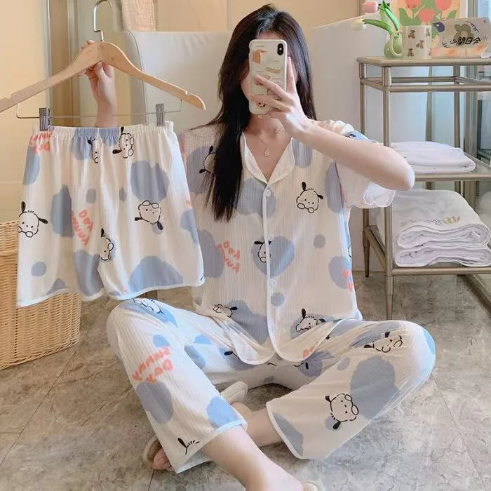 Spring Autumn Women's Sleepwear Short Sleeve Loose Home Clothes Cute Girl's Pajamas Set Casual Breathable Polyester Silk