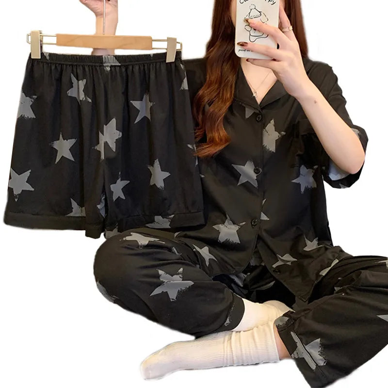 Spring Summer Women's Black Star Patterned Cotton-Like Short Sleeve Three-Piece Set Thin Home Clothes Sweet Cute Style Sleepwear
