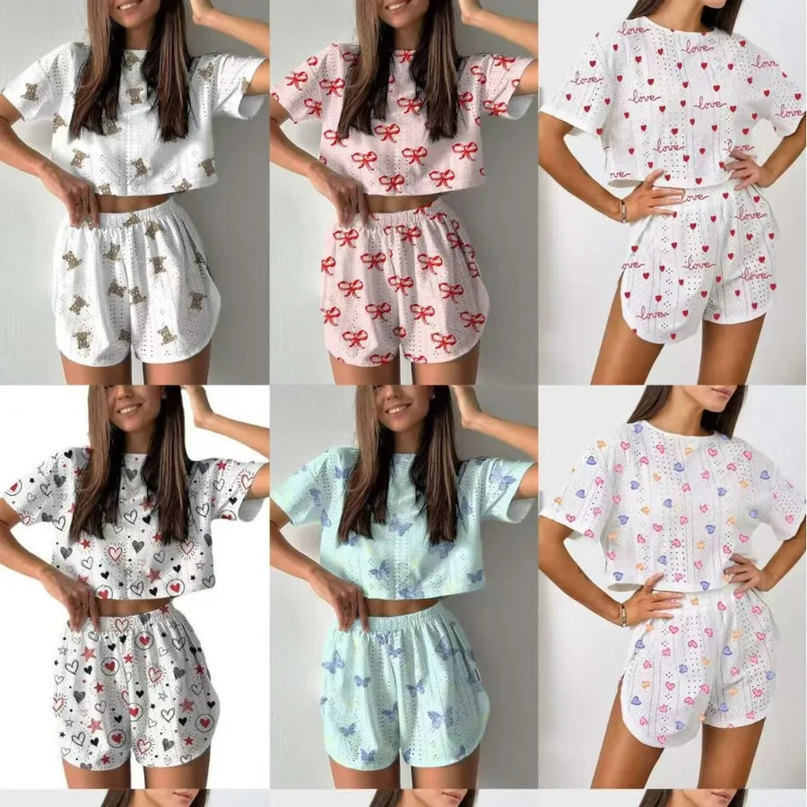 Women's Short-sleeved Shorts Jacquard Printed Summer Fashion Two-piece Pajamas Home Clothes suit