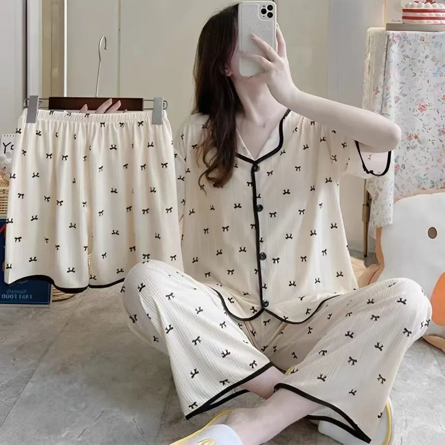 Spring Autumn Women's Sleepwear Short Sleeve Loose Home Clothes Cute Girl's Pajamas Set Casual Breathable Polyester Silk