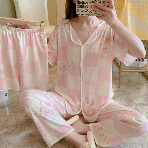Spring Autumn Women's Sleepwear Short Sleeve Loose Home Clothes Cute Girl's Pajamas Set Casual Breathable Polyester Silk