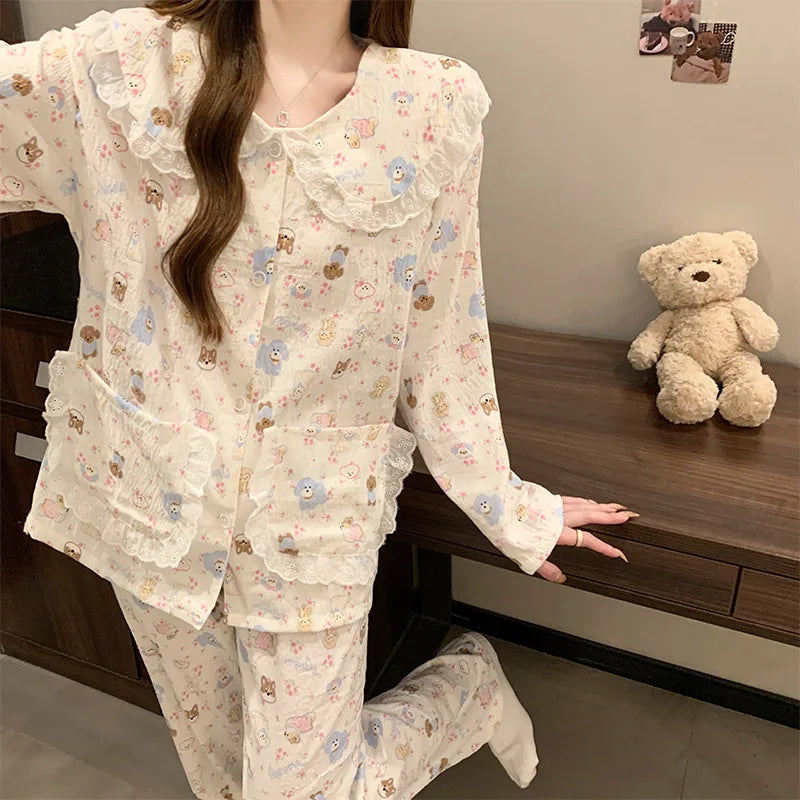 Cloud Cotton Long Sleeve Sleepwear Women's Spring Autumn Style Cute Doll Collar Home Clothes Breathable Casual Sleepwear