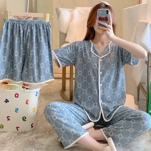 Spring Autumn Women's Sleepwear Short Sleeve Loose Home Clothes Cute Girl's Pajamas Set Casual Breathable Polyester Silk