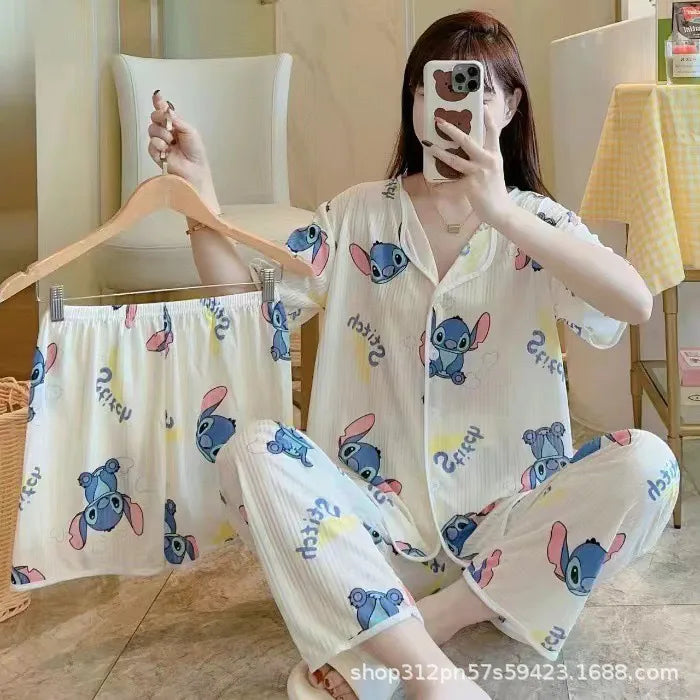 Spring Autumn Women's Sleepwear Short Sleeve Loose Home Clothes Cute Girl's Pajamas Set Casual Breathable Polyester Silk