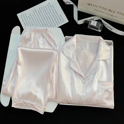 New Women's Silk Sleepwear Summer Simple Luxury Texture Sweet INS Home Clothes Set Pajamas Breathable Casual Sleepwear