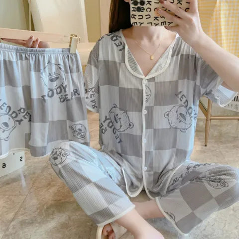 Spring Autumn Women's Sleepwear Short Sleeve Loose Home Clothes Cute Girl's Pajamas Set Casual Breathable Polyester Silk