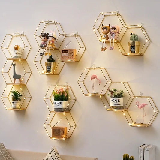 Wrought Iron Nordic Wall Decorations  Home Bedroom Dining Room Wall Hanging Room Hexagon Shelf Wall