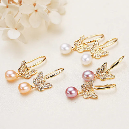 1 Pair 18K Gold Plated Freshwater Pearl Copper Zircon Freshwater pearl earrings Water Droplets Butterfly Drop Earrings