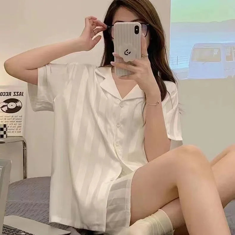 New Women's Silk Sleepwear Summer Simple Luxury Texture Sweet INS Home Clothes Set Pajamas Breathable Casual Sleepwear