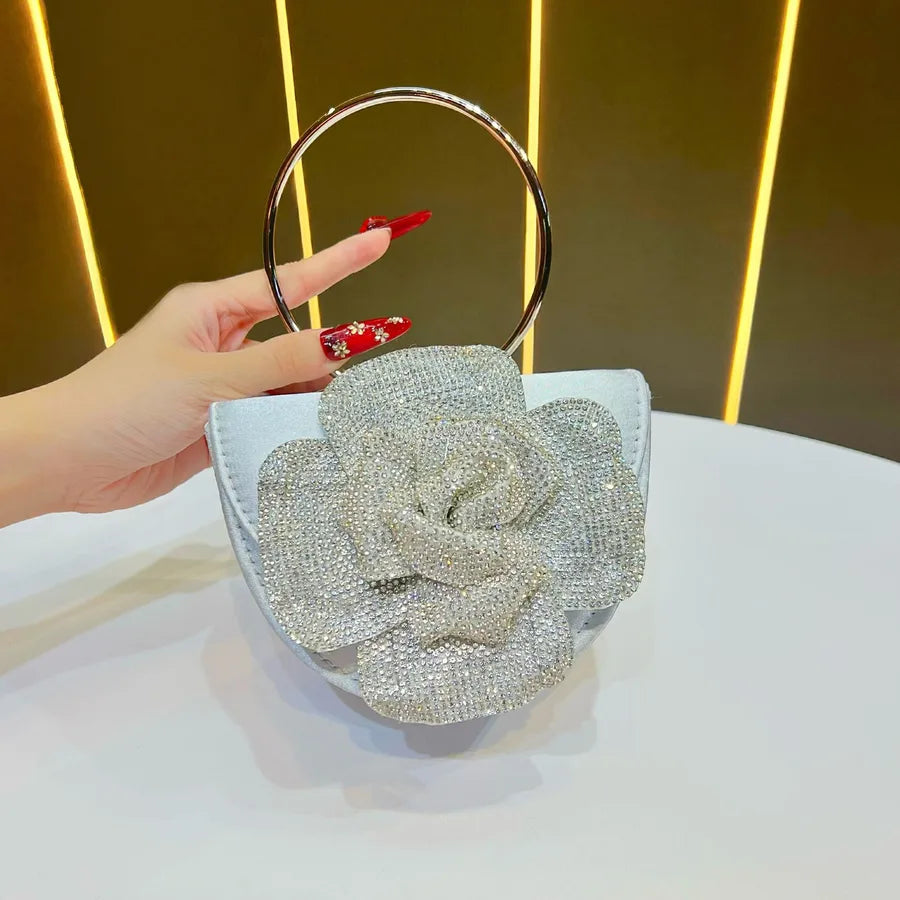 New Fashionable Tea Rose Shiny Handbag Women's Evening Bag Round Handle Shoulder Crossbody Bag For Banquet And Dinner