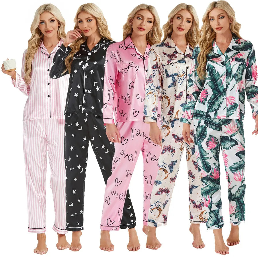 Elegant Long Sleeve Women's Home Clothes Set Sleepwear Casual Fashionable Autumn Middle East Style Polyester Silk Blend