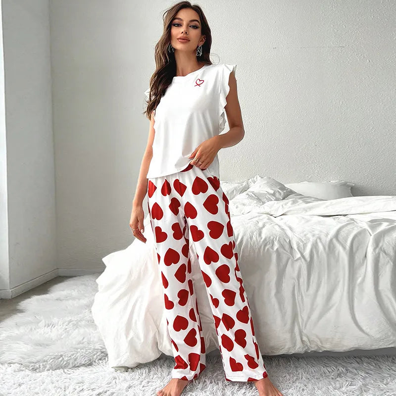 Indoor Home Daily Women's Casual Elegant Lady Heart Shape Spandex Polyester Pants Sets Pajama Sets