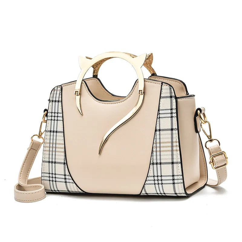 Women's Pu Leather Splicing Plaid Classic Style Sewing Thread Bucket Zipper Handbag