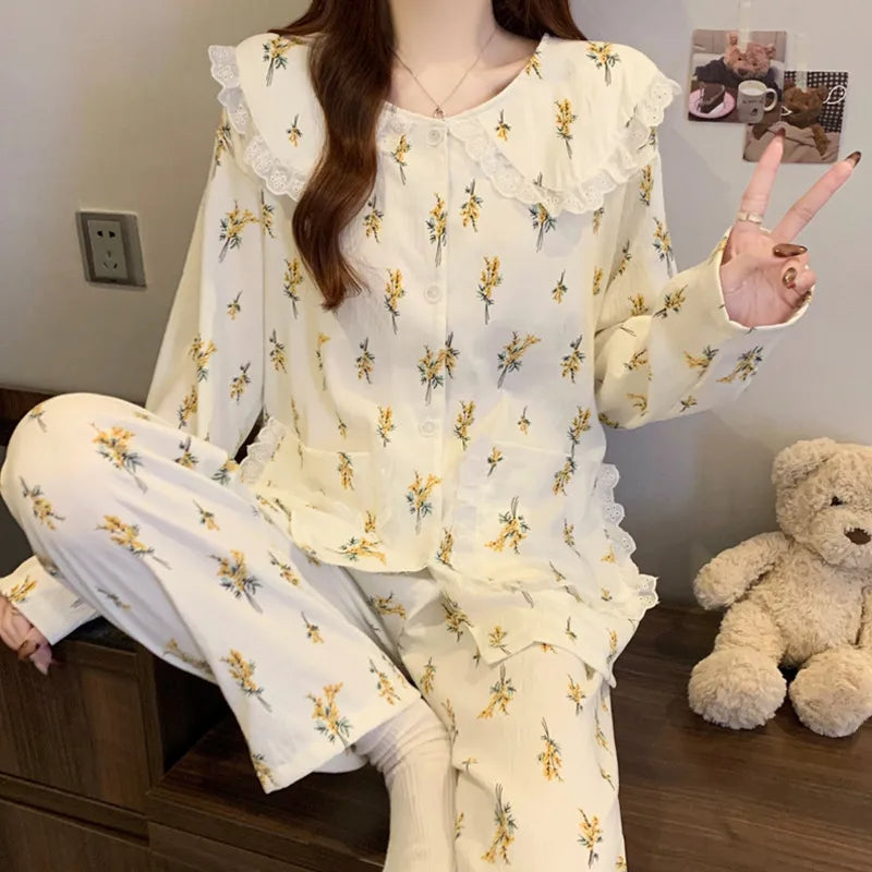 Cloud Cotton Long Sleeve Sleepwear Women's Spring Autumn Style Cute Doll Collar Home Clothes Breathable Casual Sleepwear
