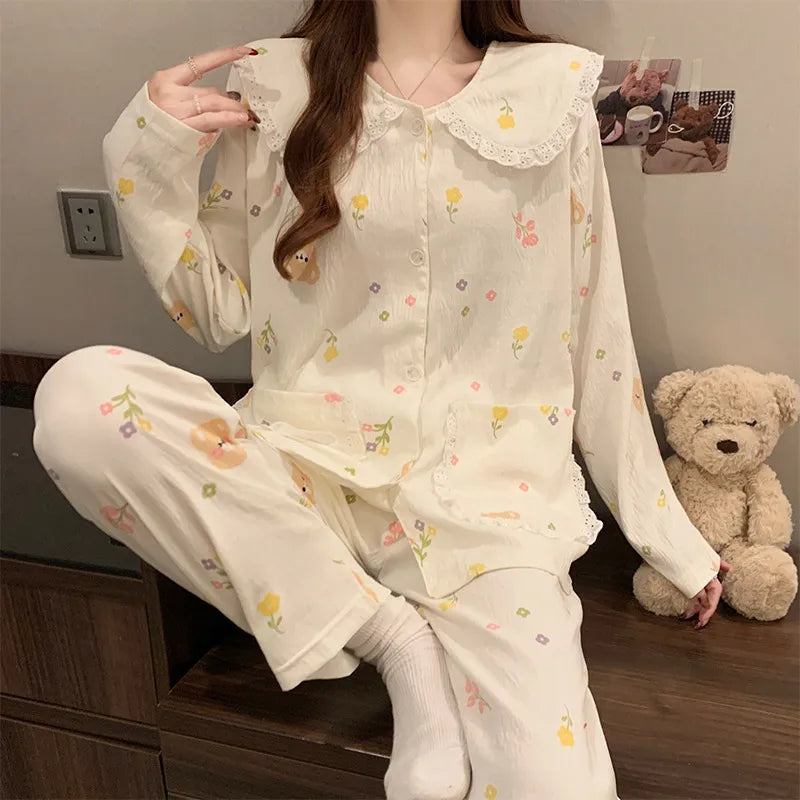 Cloud Cotton Long Sleeve Sleepwear Women's Spring Autumn Style Cute Doll Collar Home Clothes Breathable Casual Sleepwear