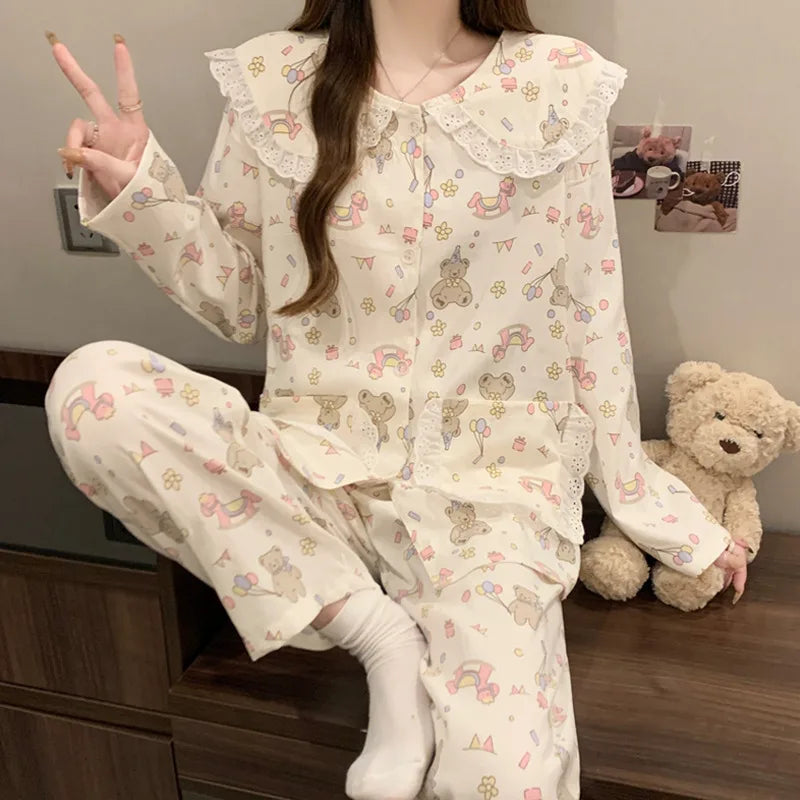 Cloud Cotton Long Sleeve Sleepwear Women's Spring Autumn Style Cute Doll Collar Home Clothes Breathable Casual Sleepwear
