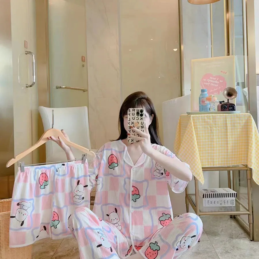 Spring Autumn Women's Sleepwear Short Sleeve Loose Home Clothes Cute Girl's Pajamas Set Casual Breathable Polyester Silk