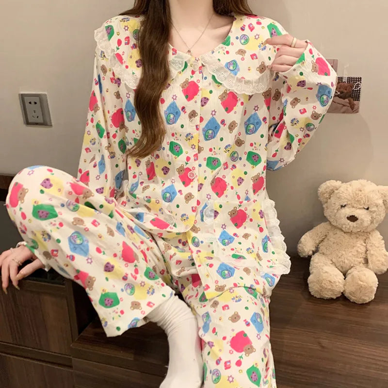 Cloud Cotton Long Sleeve Sleepwear Women's Spring Autumn Style Cute Doll Collar Home Clothes Breathable Casual Sleepwear
