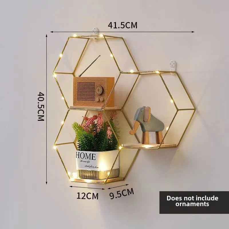 Wrought Iron Nordic Wall Decorations  Home Bedroom Dining Room Wall Hanging Room Hexagon Shelf Wall