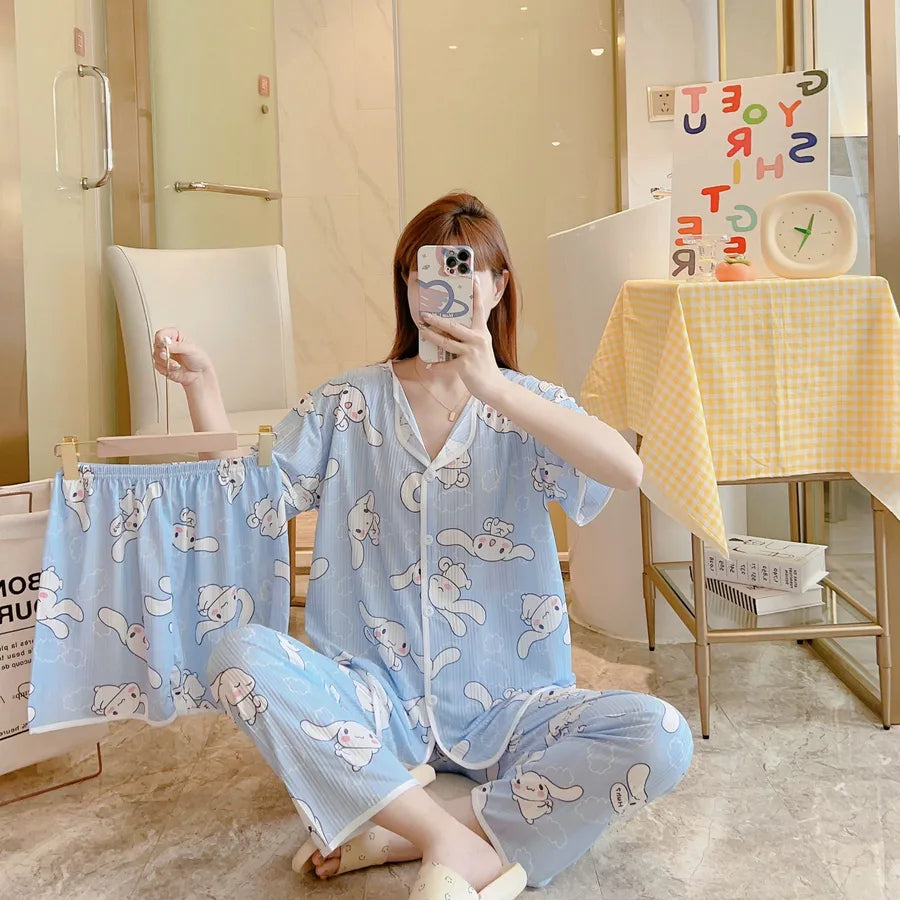 Spring Autumn Women's Sleepwear Short Sleeve Loose Home Clothes Cute Girl's Pajamas Set Casual Breathable Polyester Silk