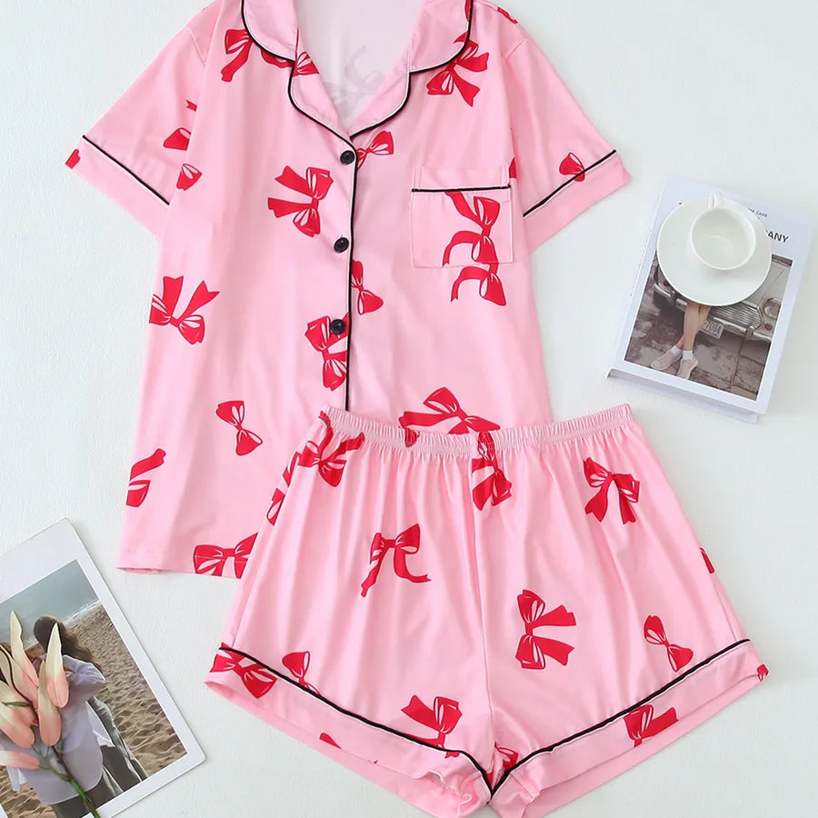 Holiday Daily Women's Vacation Simple Style Bow Knot Polyester Milk Fiber Shorts Sets Pajama Sets