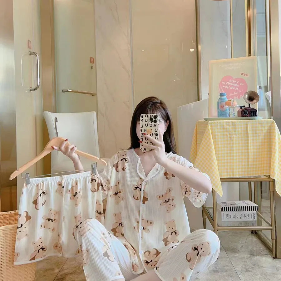 Spring Autumn Women's Sleepwear Short Sleeve Loose Home Clothes Cute Girl's Pajamas Set Casual Breathable Polyester Silk