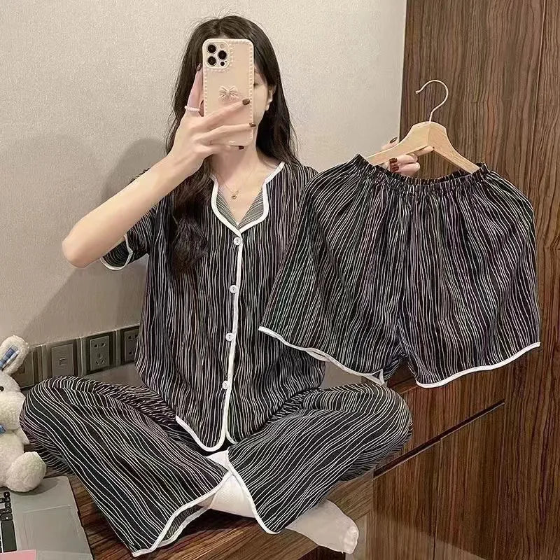 Spring Autumn Women's Sleepwear Short Sleeve Loose Home Clothes Cute Girl's Pajamas Set Casual Breathable Polyester Silk