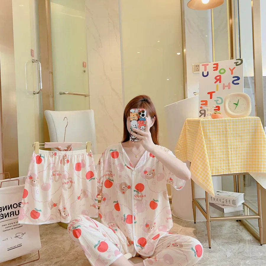 Spring Autumn Women's Sleepwear Short Sleeve Loose Home Clothes Cute Girl's Pajamas Set Casual Breathable Polyester Silk