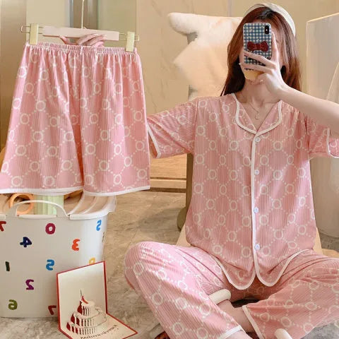 Spring Autumn Women's Sleepwear Short Sleeve Loose Home Clothes Cute Girl's Pajamas Set Casual Breathable Polyester Silk