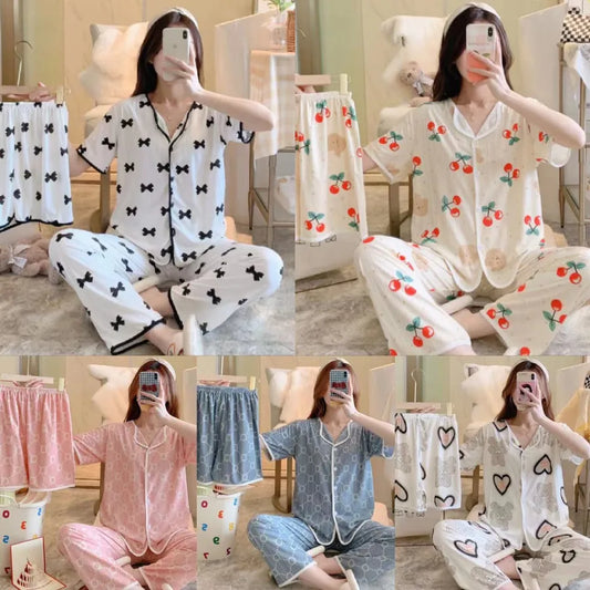Spring Autumn Women's Sleepwear Short Sleeve Loose Home Clothes Cute Girl's Pajamas Set Casual Breathable Polyester Silk