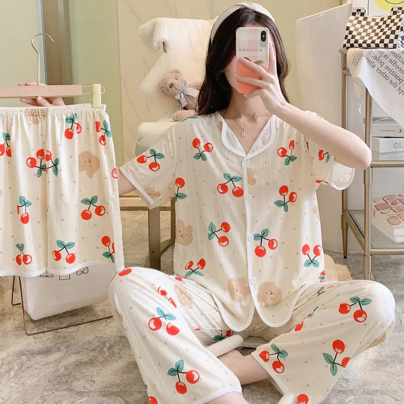 Spring Autumn Women's Sleepwear Short Sleeve Loose Home Clothes Cute Girl's Pajamas Set Casual Breathable Polyester Silk